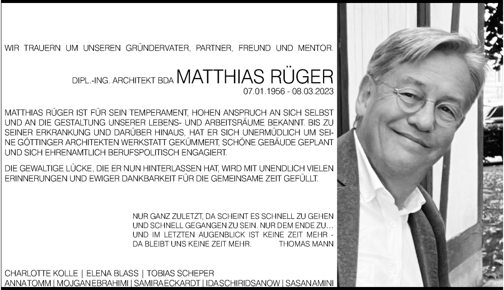  Traueranzeige für Matthias Rüger vom 18.03.2023 aus Göttinger Tageblatt