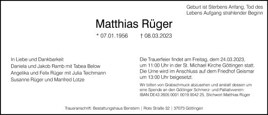 Traueranzeige von Matthias Rüger von Göttinger Tageblatt