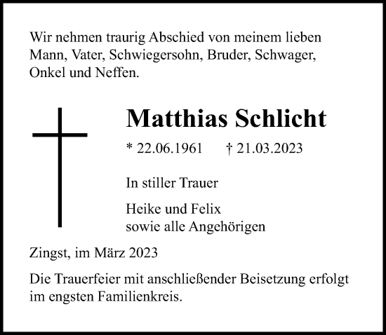 Traueranzeige von Matthias Schlicht von Ostsee-Zeitung GmbH