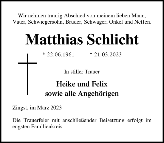 Traueranzeige von Matthias Schlicht von Lübecker Nachrichten