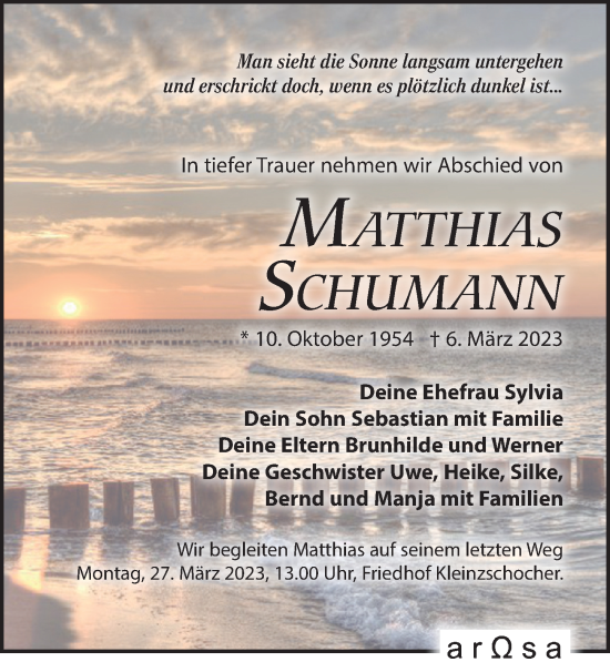 Traueranzeige von Matthias Schumann von Leipziger Volkszeitung