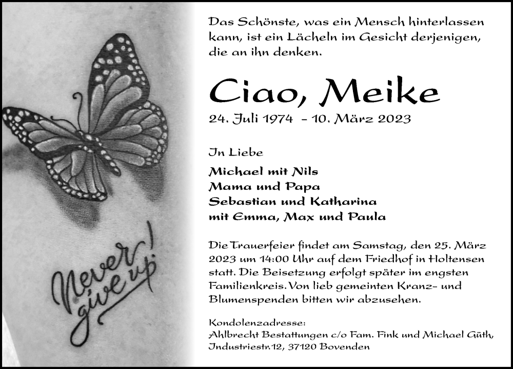  Traueranzeige für Meike  vom 18.03.2023 aus Göttinger Tageblatt