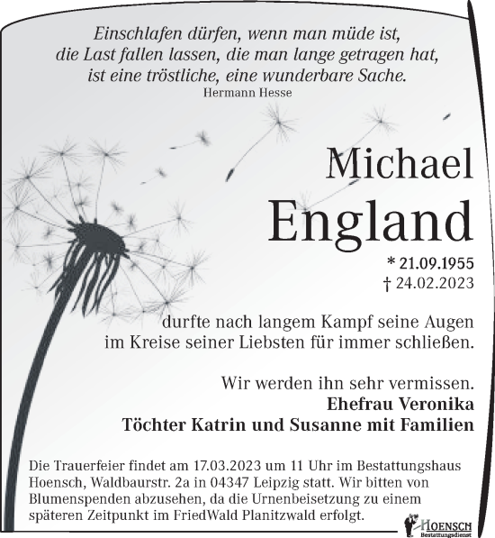 Traueranzeige von Michael England von Leipziger Volkszeitung