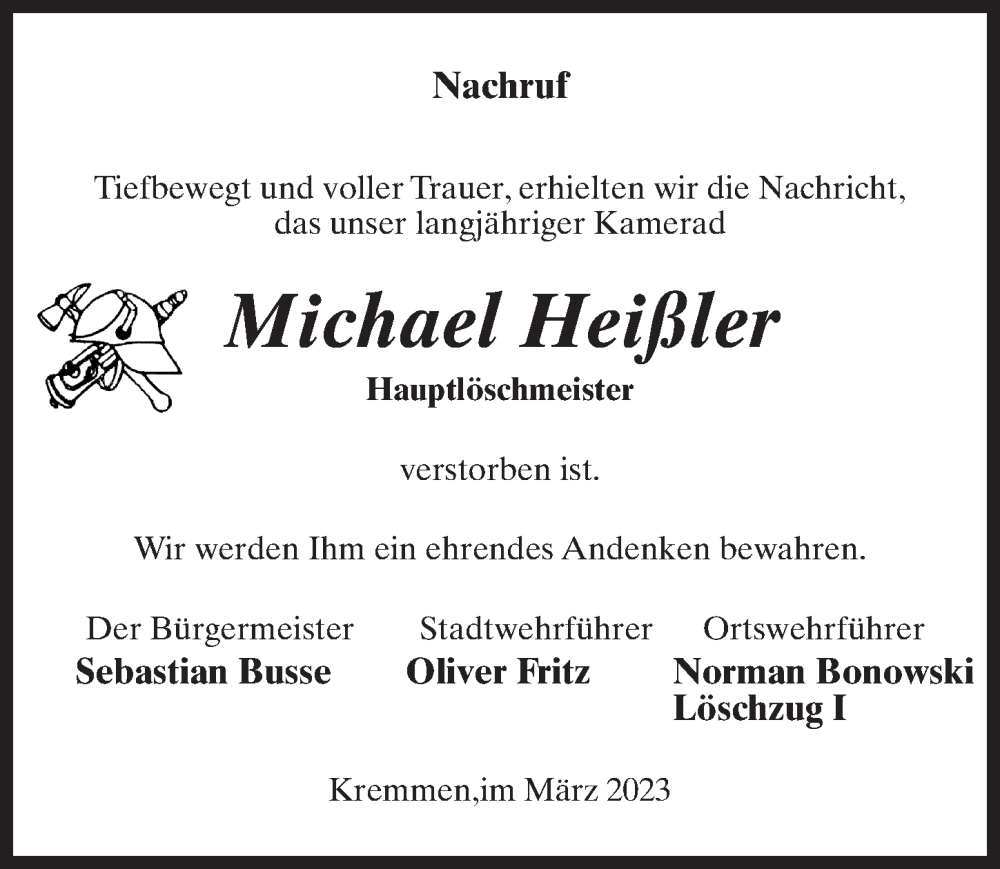  Traueranzeige für Michael Heißler vom 04.03.2023 aus Märkischen Allgemeine Zeitung