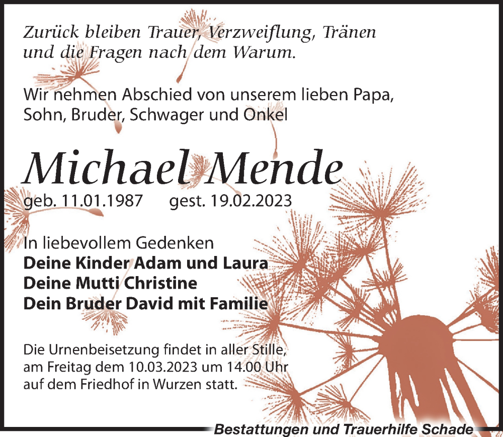  Traueranzeige für Michael Mende vom 04.03.2023 aus Leipziger Volkszeitung