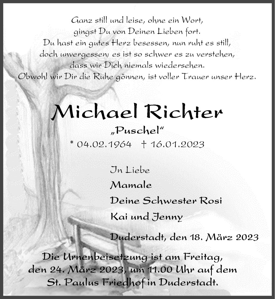  Traueranzeige für Michael Richter vom 18.03.2023 aus Eichsfelder Tageblatt