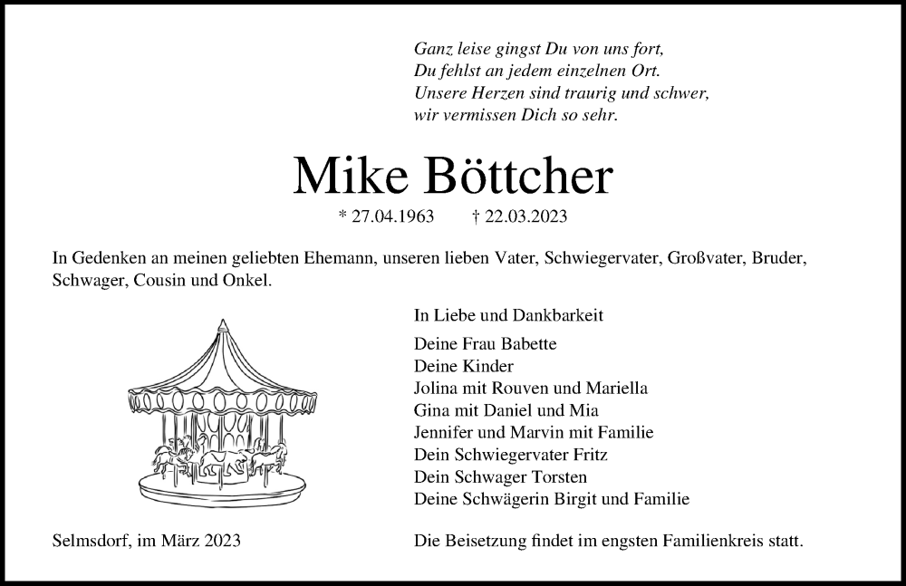 Traueranzeige für Mike Böttcher vom 28.03.2023 aus Lübecker Nachrichten
