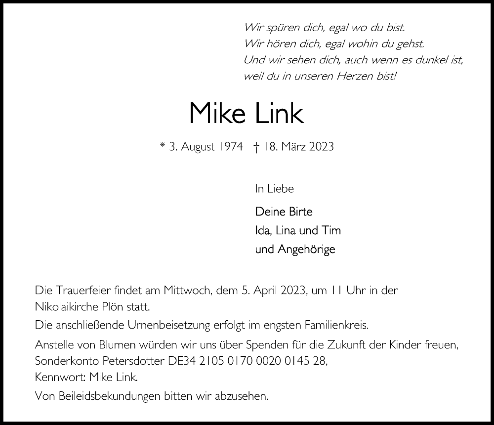  Traueranzeige für Mike Link vom 29.03.2023 aus Kieler Nachrichten