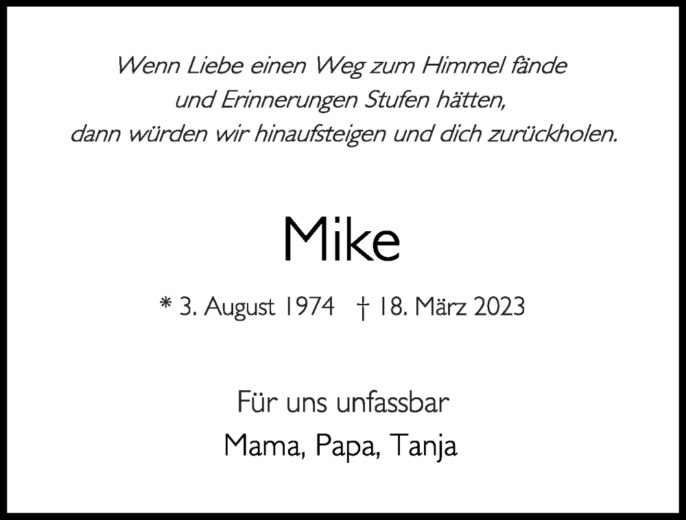  Traueranzeige für Mike Link vom 29.03.2023 aus Kieler Nachrichten