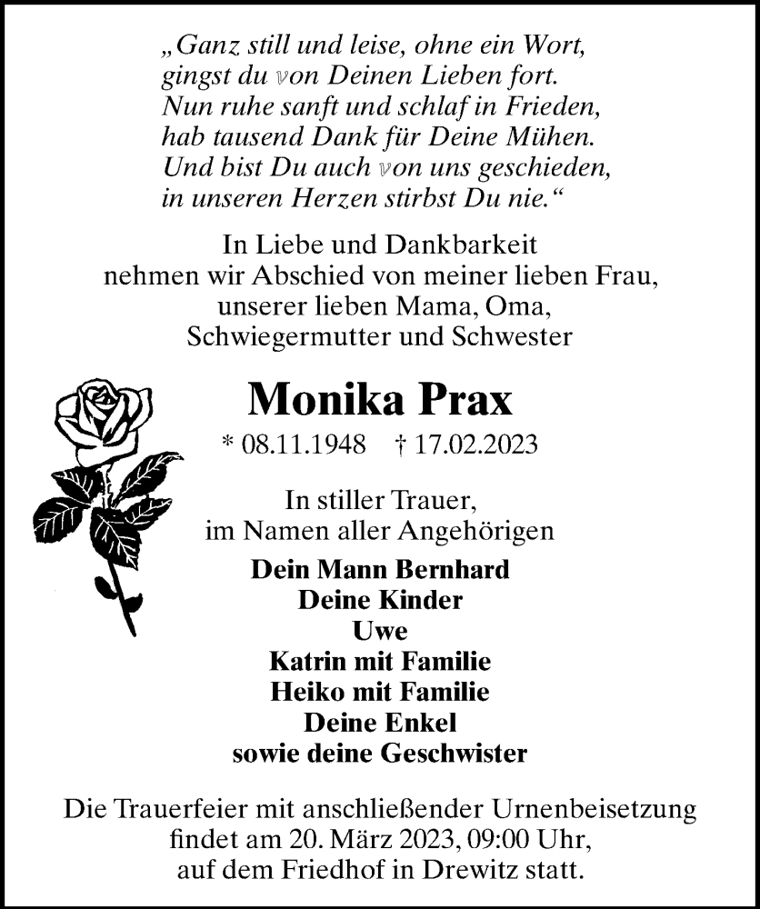  Traueranzeige für Monika Prax vom 11.03.2023 aus Märkischen Allgemeine Zeitung
