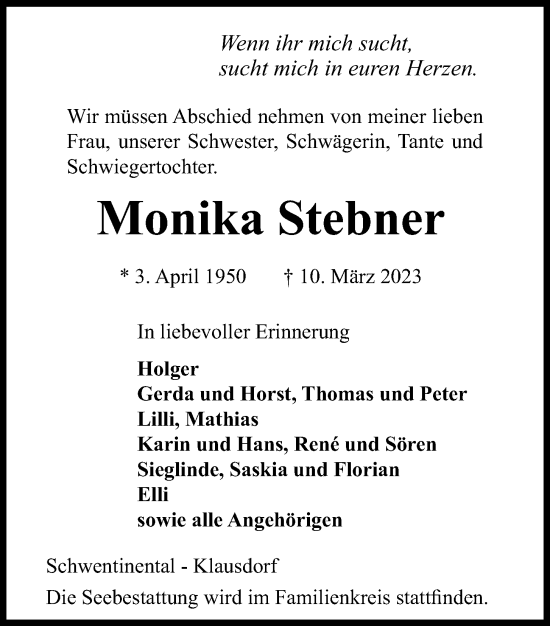 Traueranzeige von Monika Stebner von Kieler Nachrichten