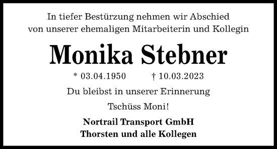 Traueranzeige von Monika Stebner von Kieler Nachrichten