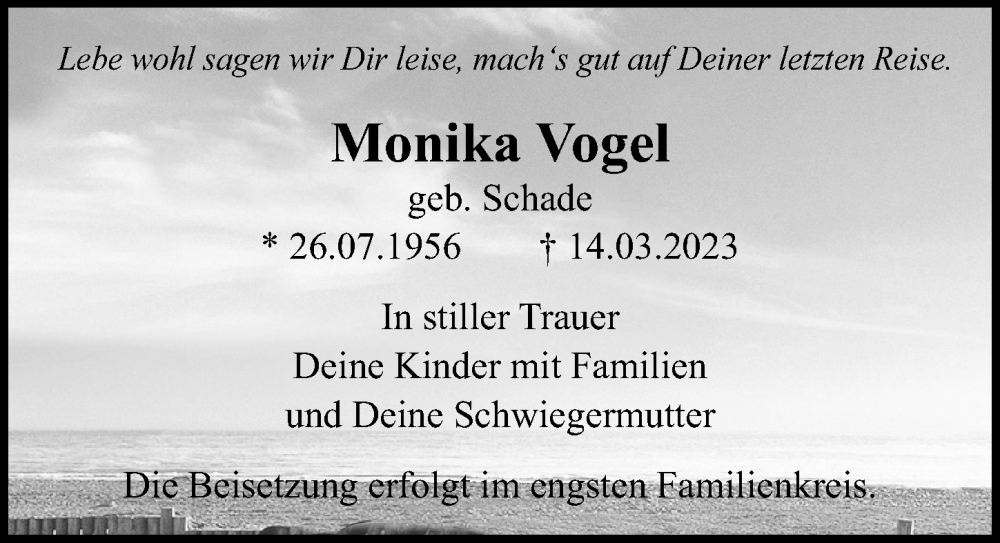  Traueranzeige für Monika Vogel vom 18.03.2023 aus Ostsee-Zeitung GmbH