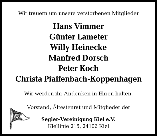 Traueranzeige von Nachruf Segler-Vereinigung Kiel e.V. von Kieler Nachrichten