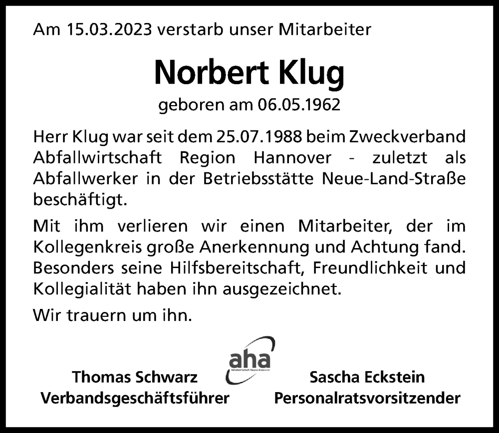  Traueranzeige für Norbert Klug vom 22.03.2023 aus Hannoversche Allgemeine Zeitung/Neue Presse