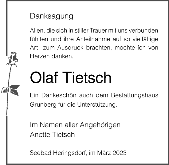 Traueranzeige von Olaf Tietsch von Ostsee-Zeitung GmbH