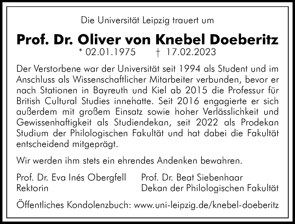  Traueranzeige für Oliver von Knebel Doeberitz vom 04.03.2023 aus Leipziger Volkszeitung