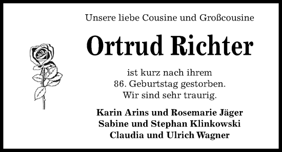 Traueranzeige von Ortrud Richter von Kieler Nachrichten