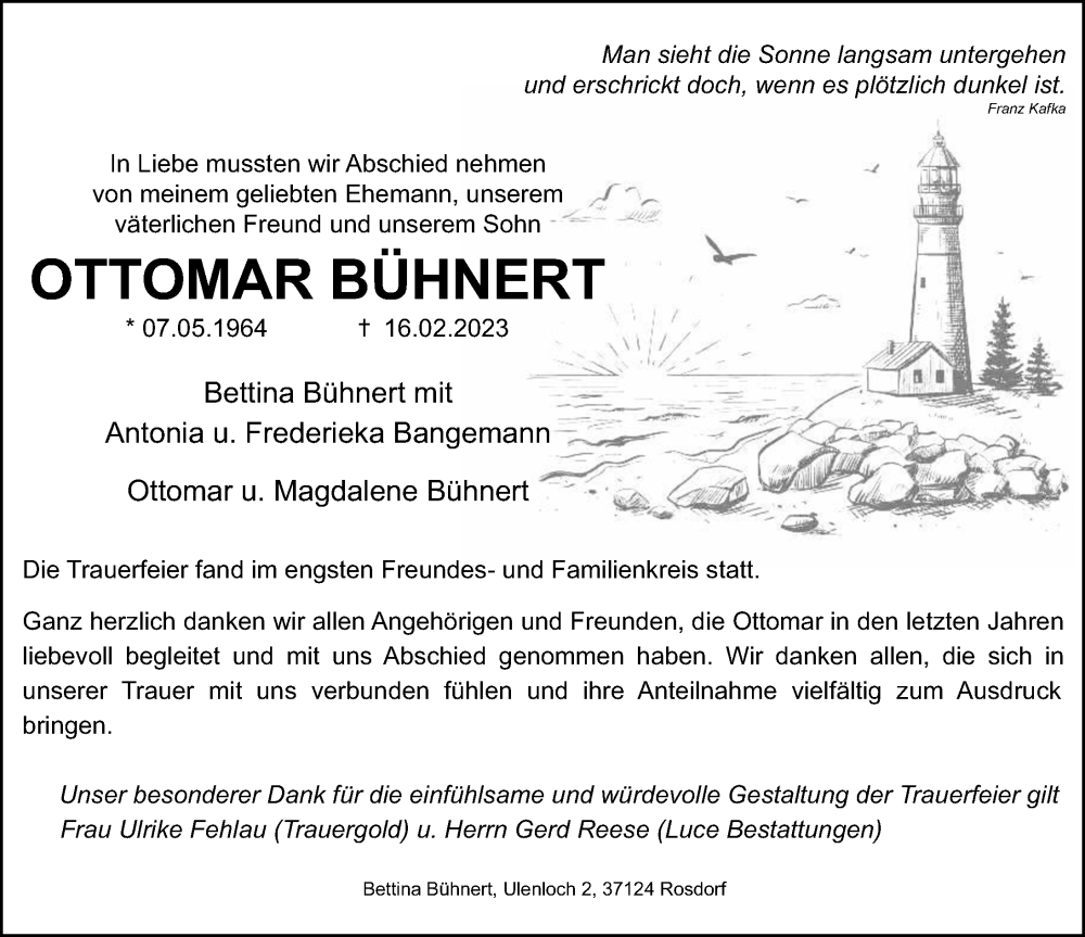  Traueranzeige für Ottomar Bühnert vom 18.03.2023 aus Göttinger Tageblatt