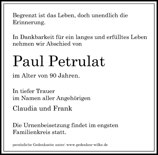 Traueranzeige von Paul Petrulat von Märkischen Allgemeine Zeitung