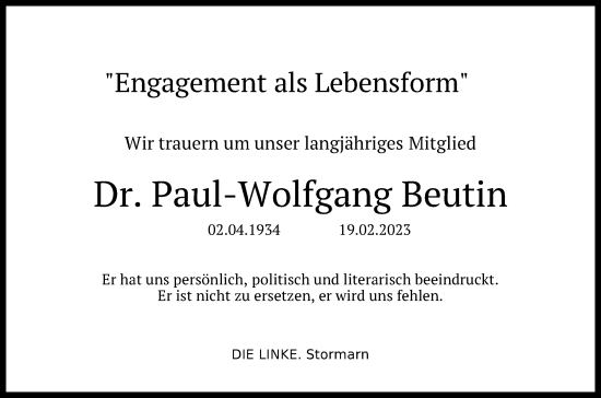 Traueranzeige von Paul-Wolfgang Beutin von Lübecker Nachrichten