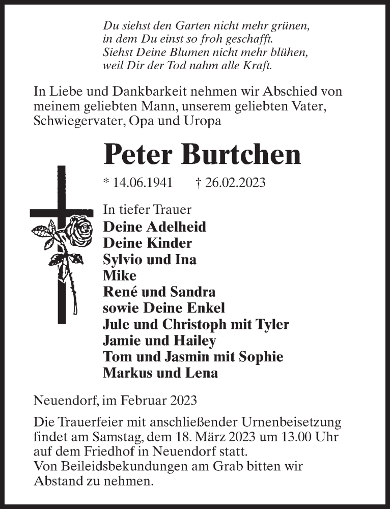  Traueranzeige für Peter Burtchen vom 04.03.2023 aus Märkischen Allgemeine Zeitung