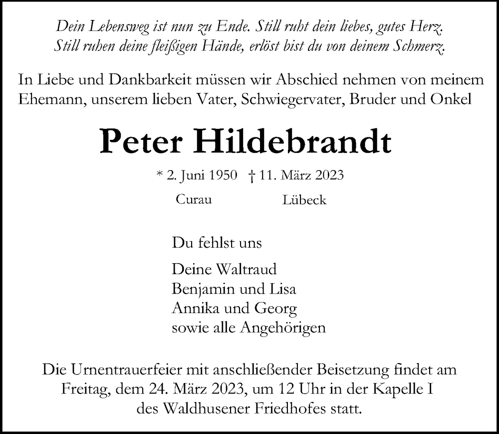 Traueranzeige für Peter Hildebrandt vom 19.03.2023 aus Lübecker Nachrichten