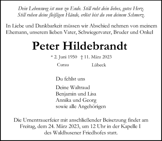 Traueranzeige von Peter Hildebrandt von Lübecker Nachrichten