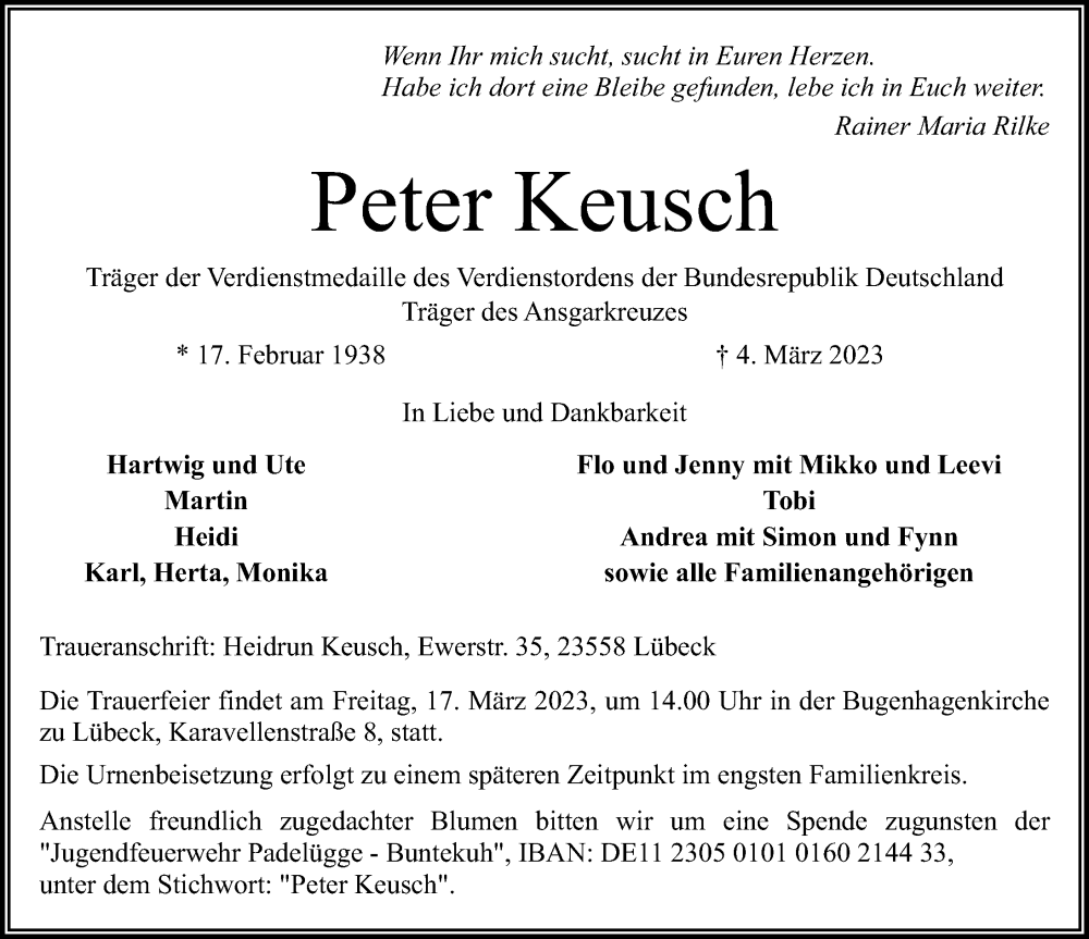  Traueranzeige für Peter Keusch vom 12.03.2023 aus Lübecker Nachrichten