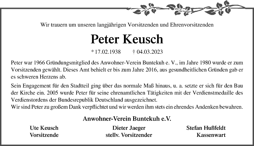  Traueranzeige für Peter Keusch vom 12.03.2023 aus Lübecker Nachrichten