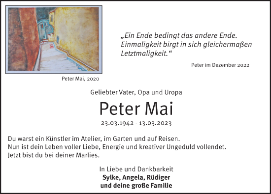 Traueranzeige von Peter Mai von Leipziger Volkszeitung