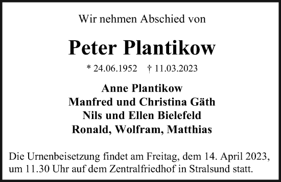 Traueranzeige von Peter Plantikow von Ostsee-Zeitung GmbH