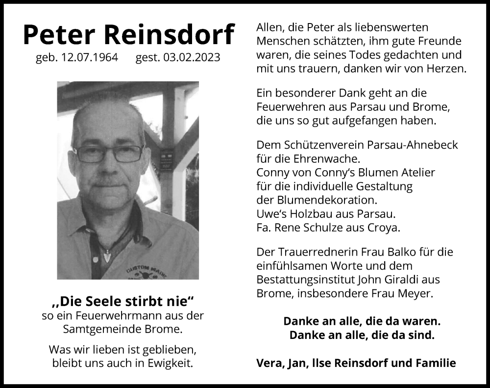  Traueranzeige für Peter Reinsdorf vom 18.03.2023 aus Aller Zeitung