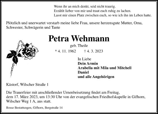 Traueranzeige von Petra Wehmann von Aller Zeitung