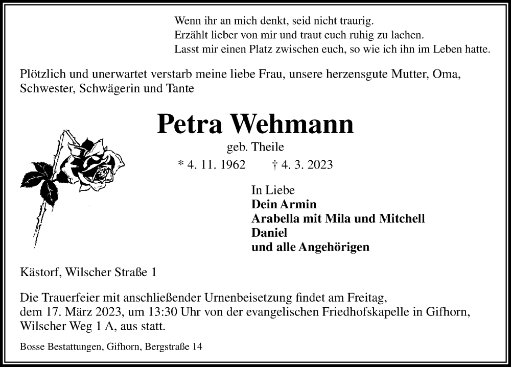  Traueranzeige für Petra Wehmann vom 11.03.2023 aus Aller Zeitung