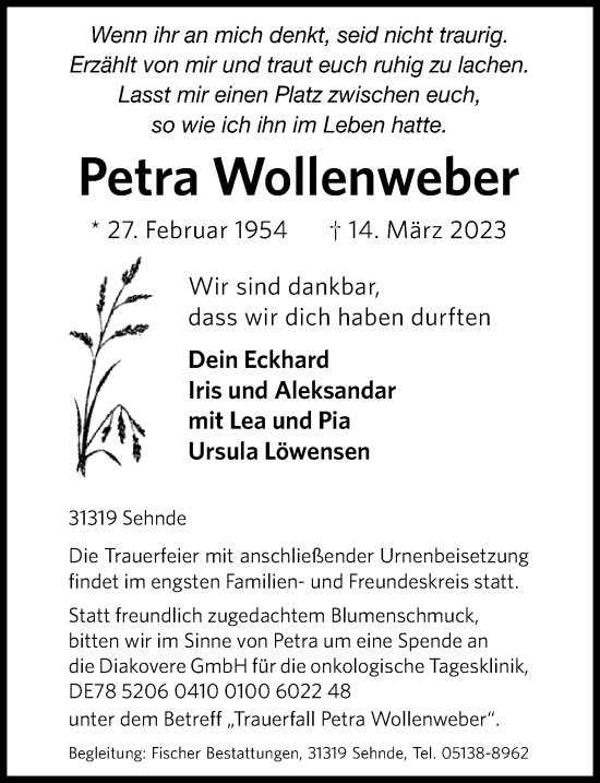 Traueranzeige von Petra Wollenweber von Hannoversche Allgemeine Zeitung/Neue Presse