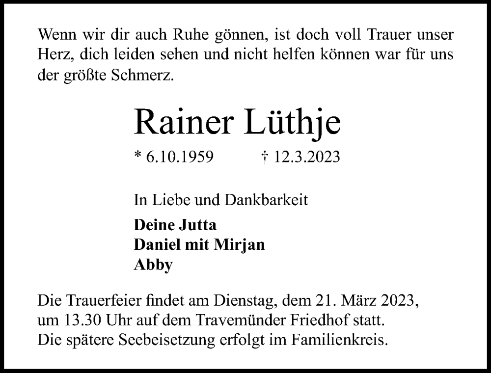  Traueranzeige für Rainer Lüthje vom 19.03.2023 aus Lübecker Nachrichten