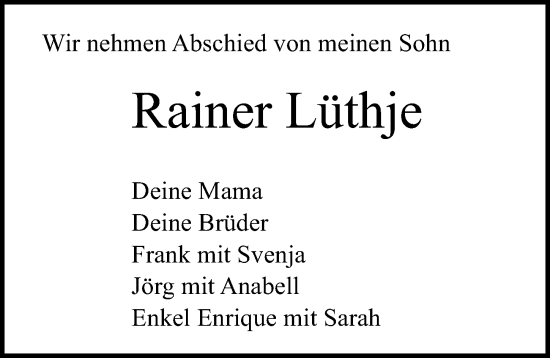 Traueranzeige von Rainer Lüthje von Lübecker Nachrichten