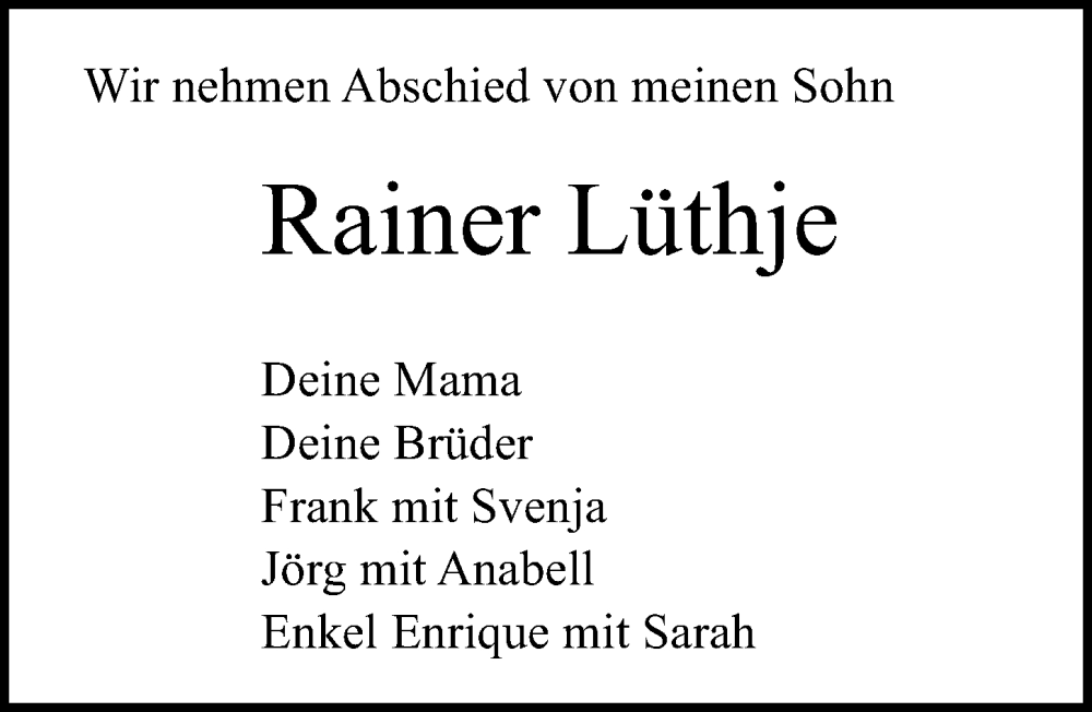  Traueranzeige für Rainer Lüthje vom 19.03.2023 aus Lübecker Nachrichten