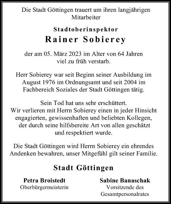 Traueranzeige von Rainer Sobierey von Göttinger Tageblatt