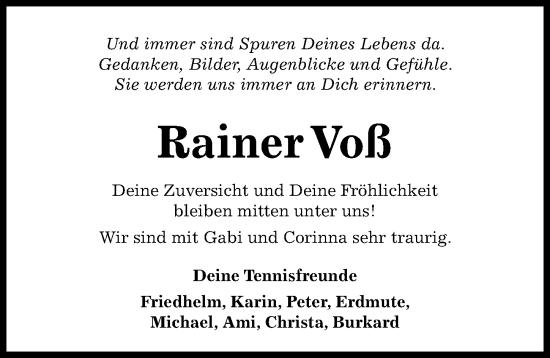 Traueranzeige von Rainer Voß von Peiner Allgemeine Zeitung