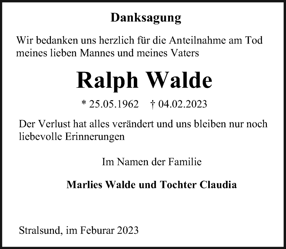 Traueranzeige für Ralph Walde vom 04.03.2023 aus Ostsee-Zeitung GmbH