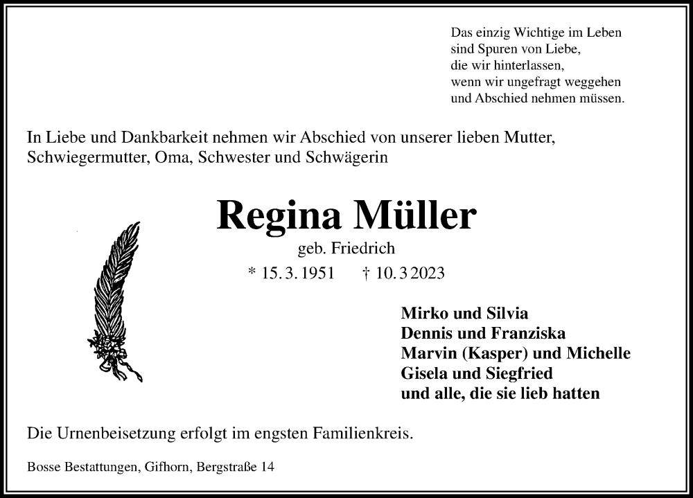  Traueranzeige für Regina Müller vom 18.03.2023 aus Aller Zeitung