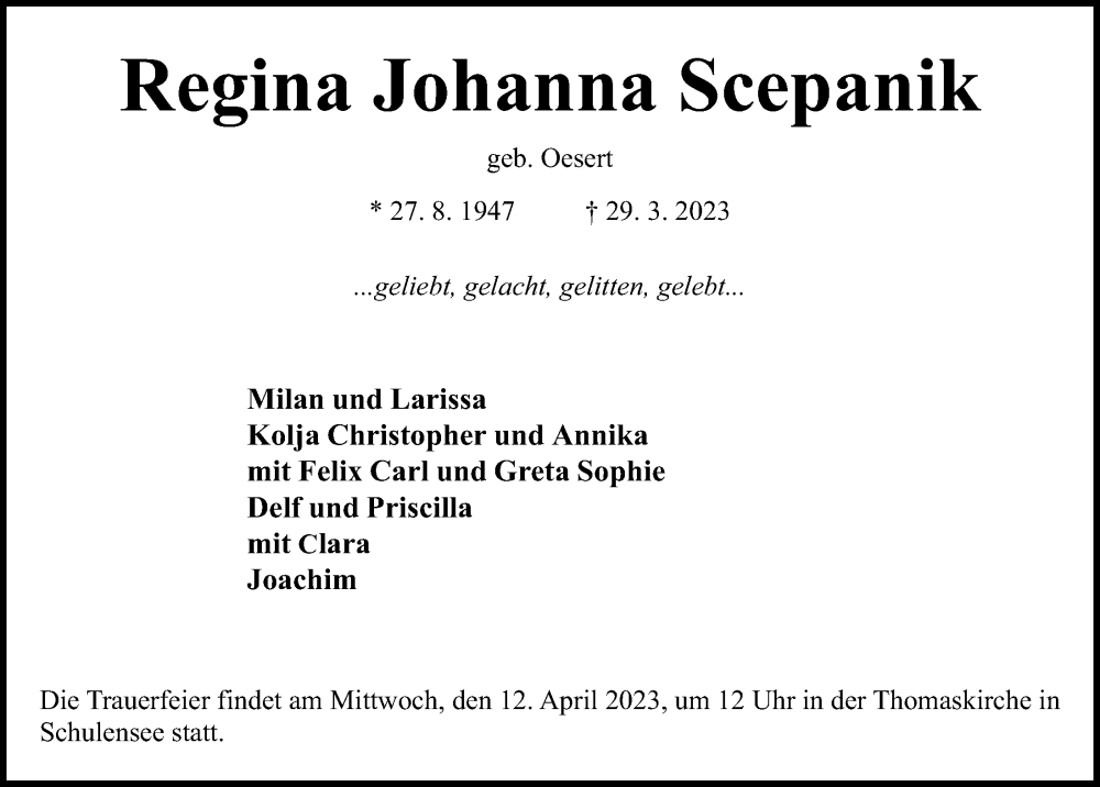  Traueranzeige für Regina Johanna Scepanik vom 01.04.2023 aus Kieler Nachrichten