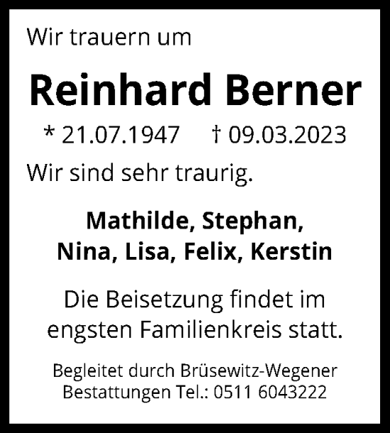 Traueranzeige von Reinhard Berner von Hannoversche Allgemeine Zeitung/Neue Presse