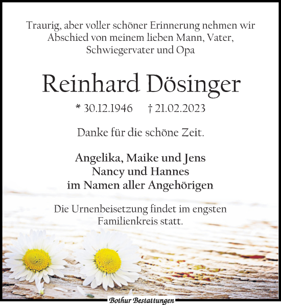 Traueranzeige von Reinhard Dösinger von Leipziger Volkszeitung