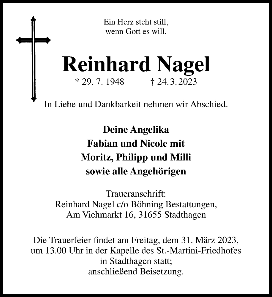  Traueranzeige für Reinhard Nagel vom 28.03.2023 aus Schaumburger Nachrichten