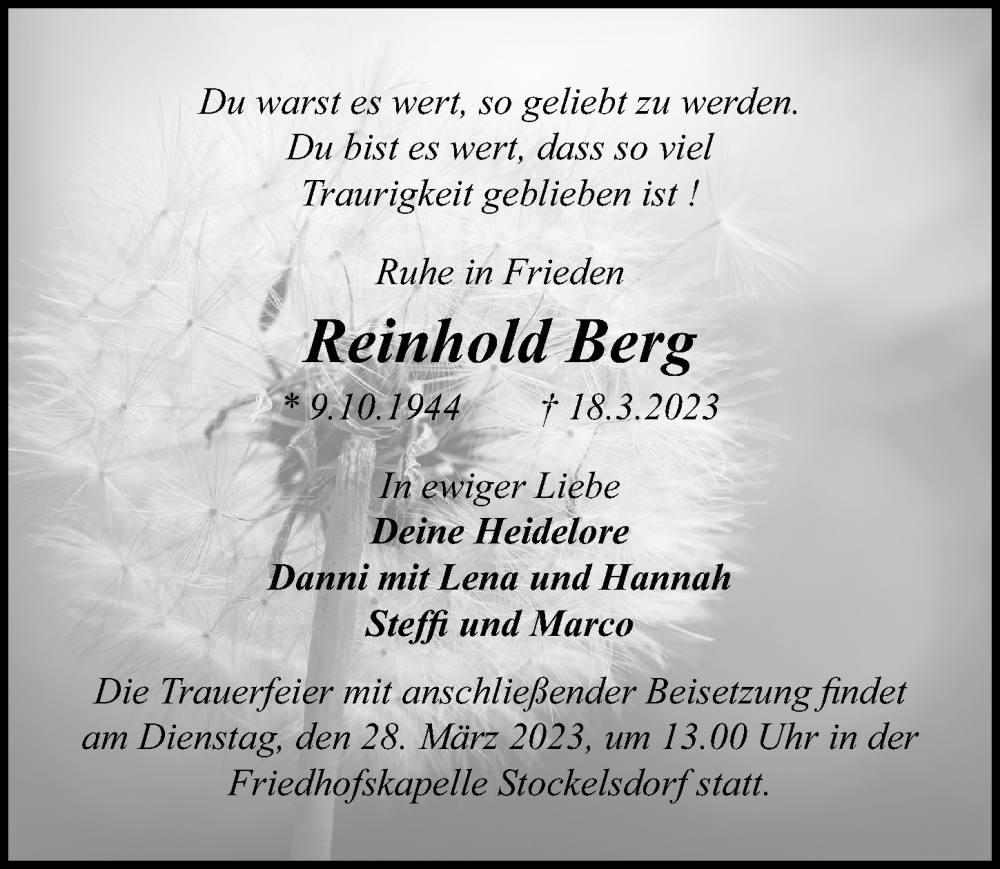  Traueranzeige für Reinhold Berg vom 26.03.2023 aus Lübecker Nachrichten
