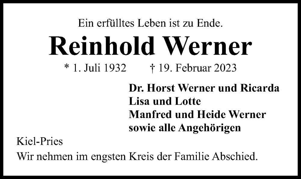  Traueranzeige für Reinhold Werner vom 25.03.2023 aus Kieler Nachrichten