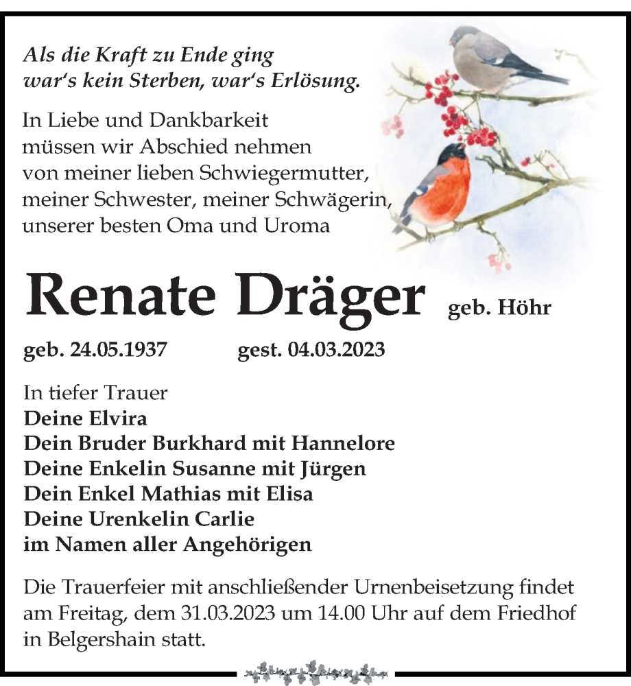  Traueranzeige für Renate Dräger vom 25.03.2023 aus Leipziger Volkszeitung